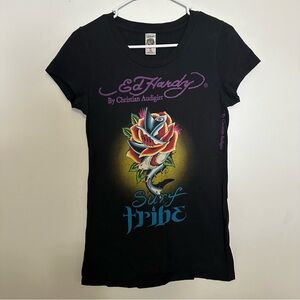 Ed Hardy by Christian Audigier black women's Surf Tribe Shirt Sz Medium USA Made